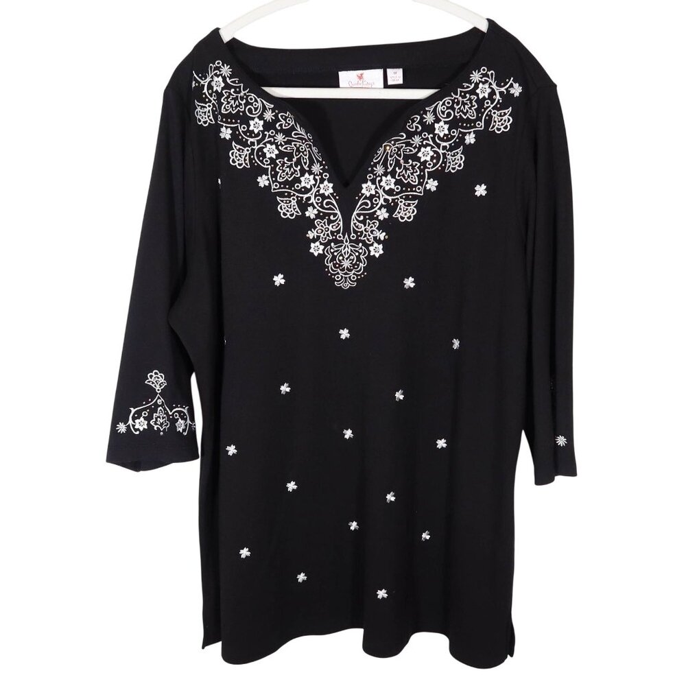 QUACKER FACTORY Embroidered Rhinestone 3/4 Sleeve Knit Tunic Top 1X Black White